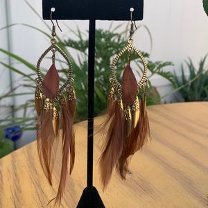 Boho amber brown feathered earrings